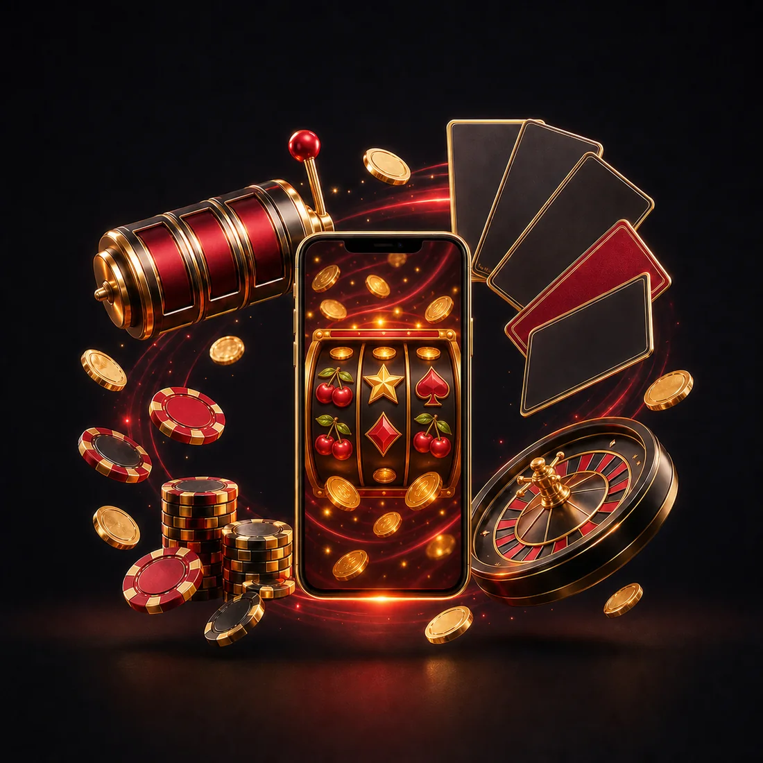 Ilustración del casino digital de PrimeTime: tragamonedas, juegos de mesa y video póker en el celular