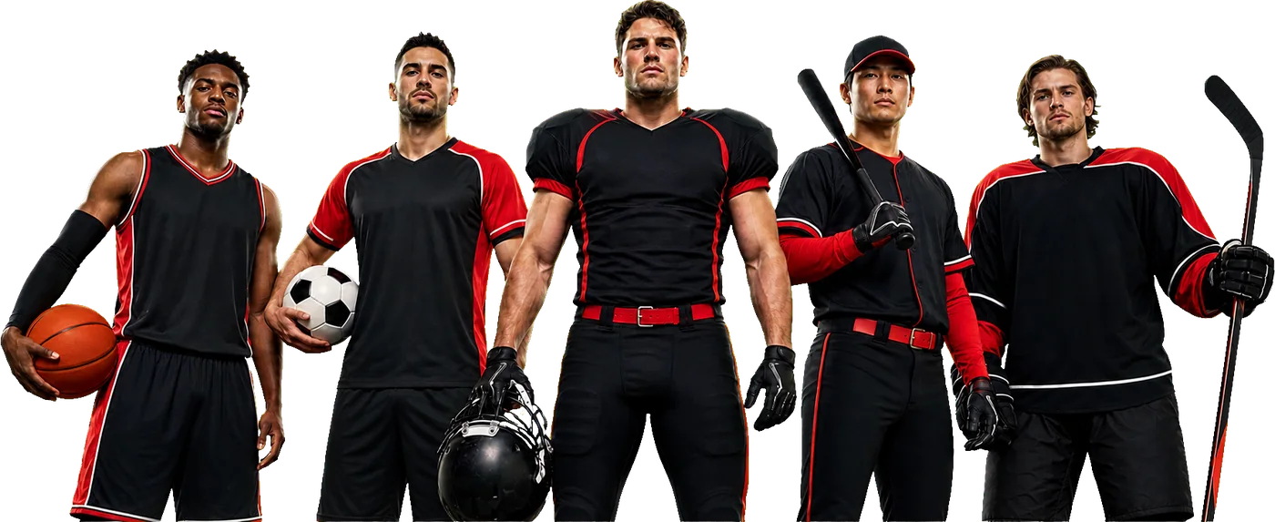 Cinco deportistas con uniforme carbón y rojo: jugadores de fútbol americano, básquetbol, fútbol, béisbol y hockey